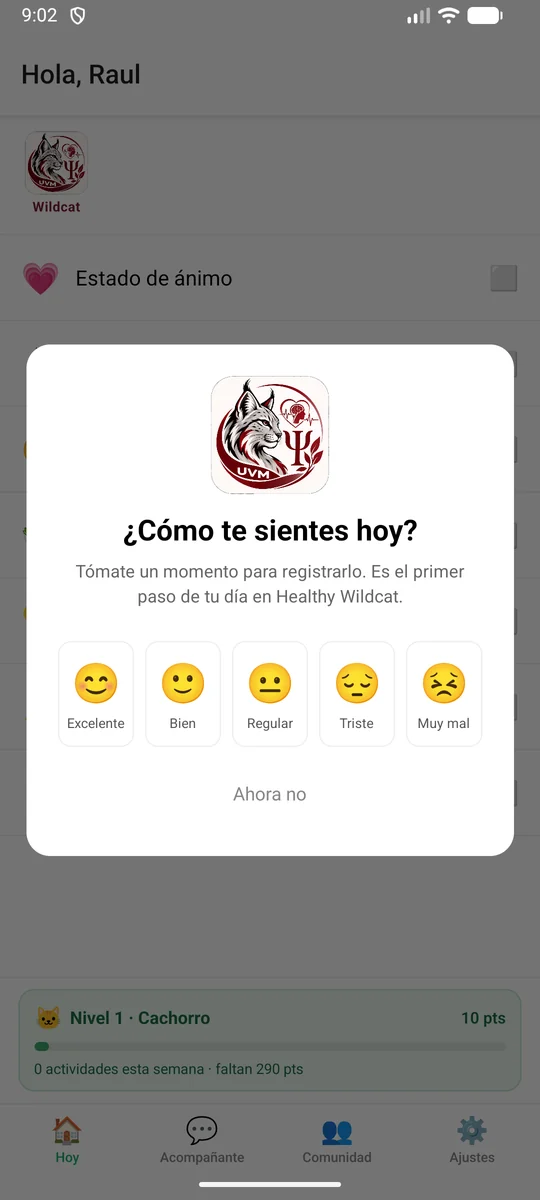 Pantalla de la app preguntando cómo te sientes hoy